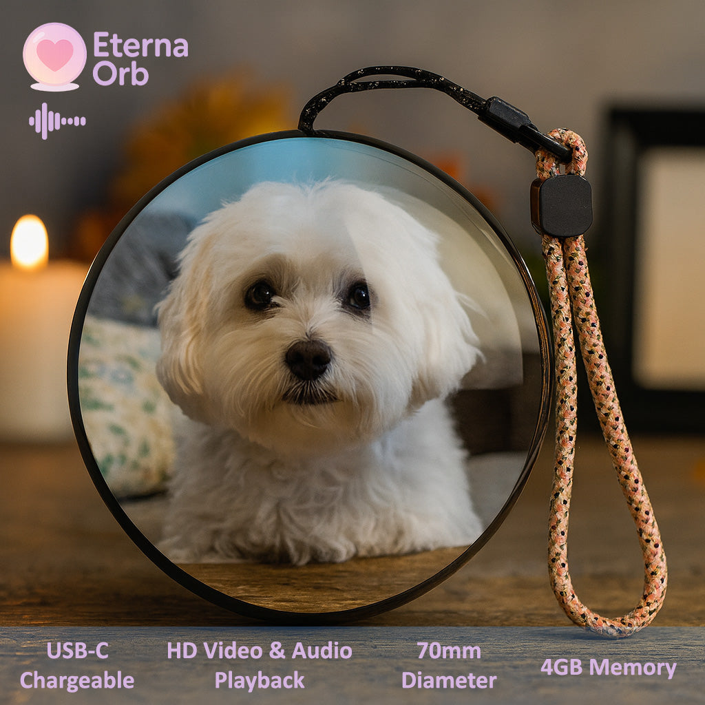 Eterna Orb pet memorial keepsake – white dog photo displayed in a glowing glass memory orb with audio and video playback.
